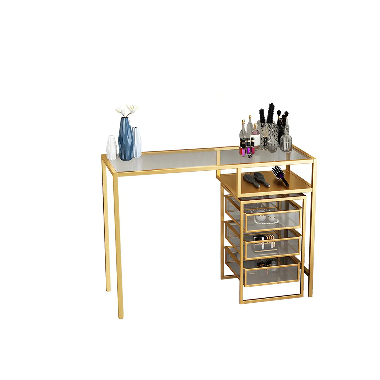 Glam Gold Metal Glass Makeup Vanity with Storage Box Image - 5