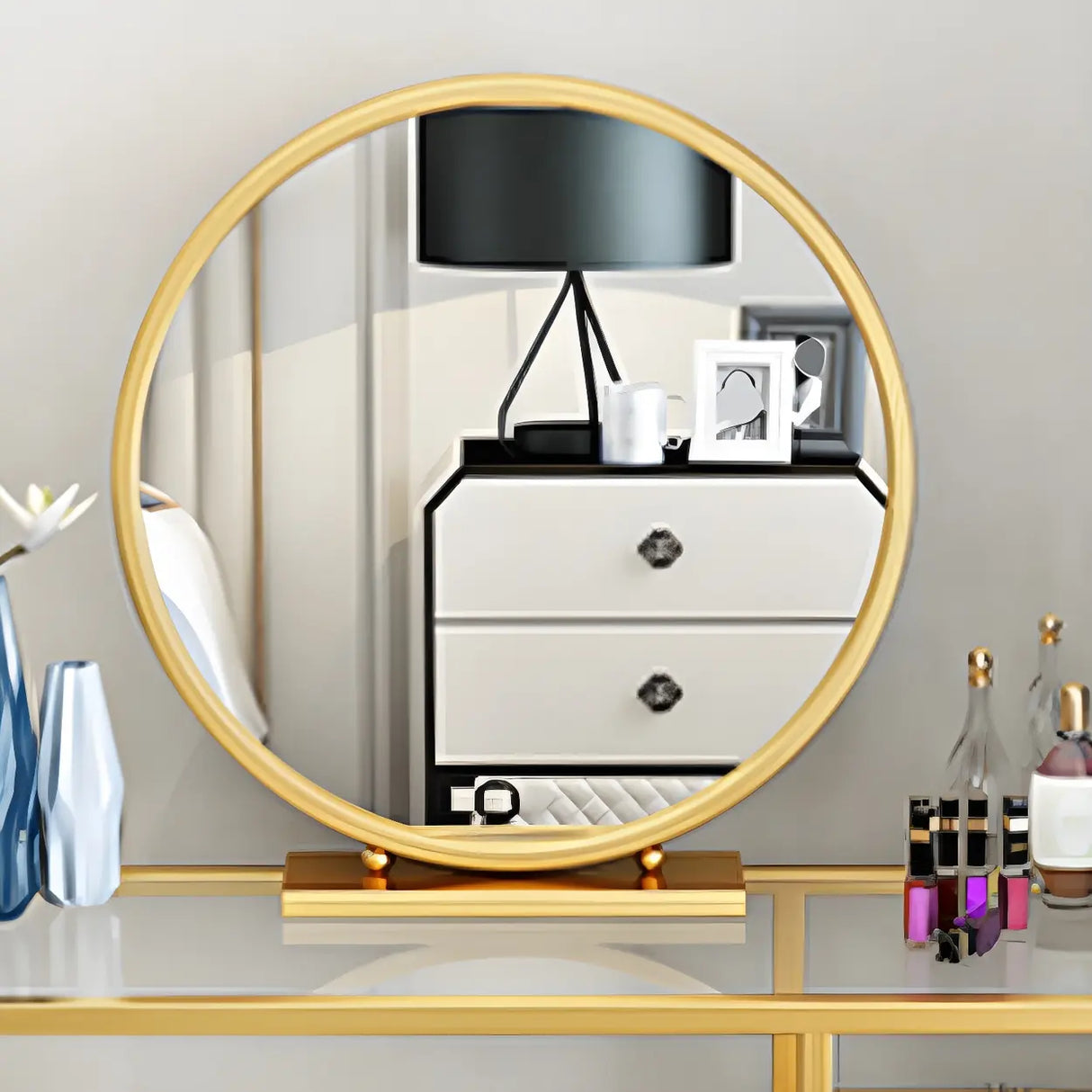 Glam Gold Metal Glass Makeup Vanity with Storage Box Image - 9