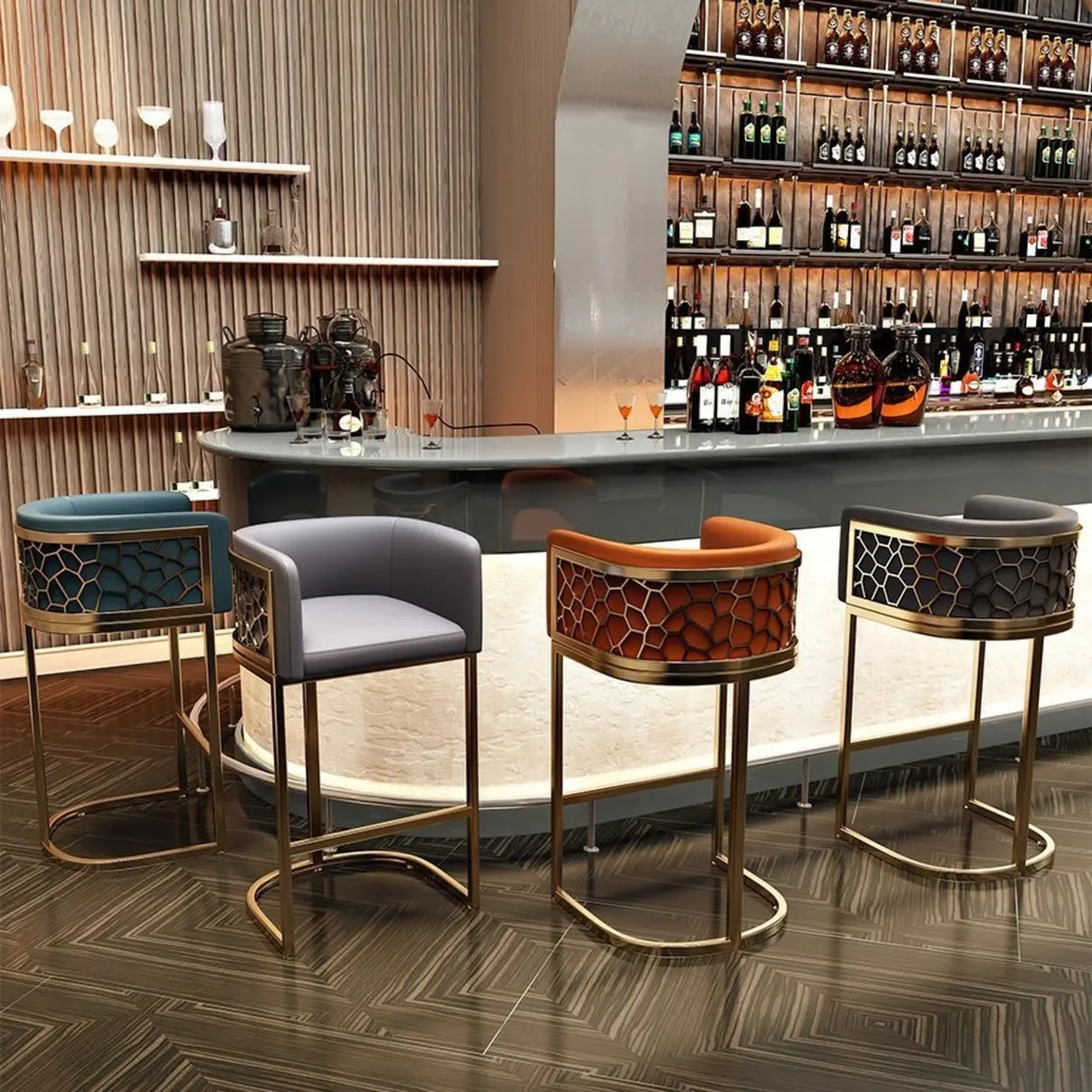 Glam Gold Metal Sled Leather Cushioned Low Back Bar Stool Image - 1