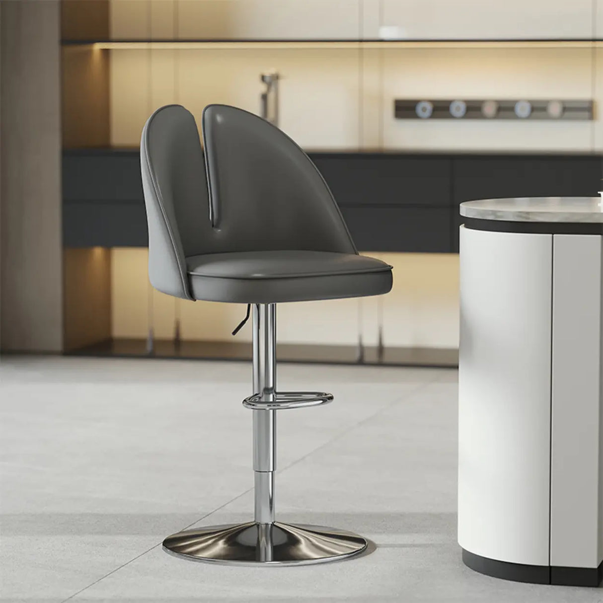 Glam Gray Swivel Adjustable Leather Footrest Back Bar Stool Image - 50