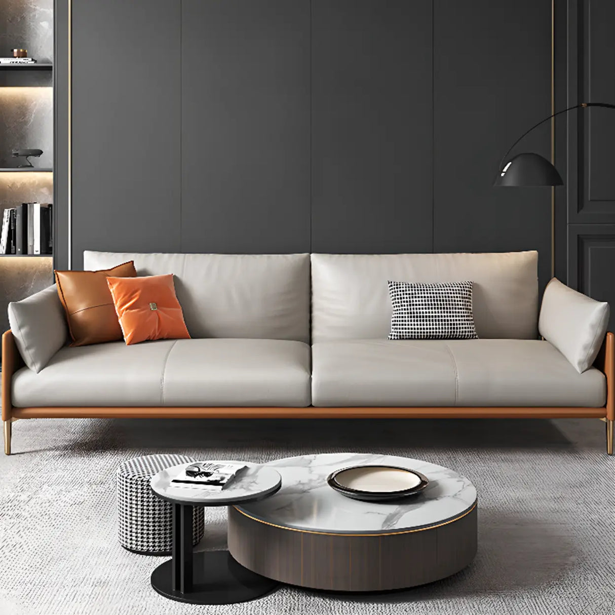 Glam Grey Faux Leather Square Arm Pillow Back Sofa Image - 1