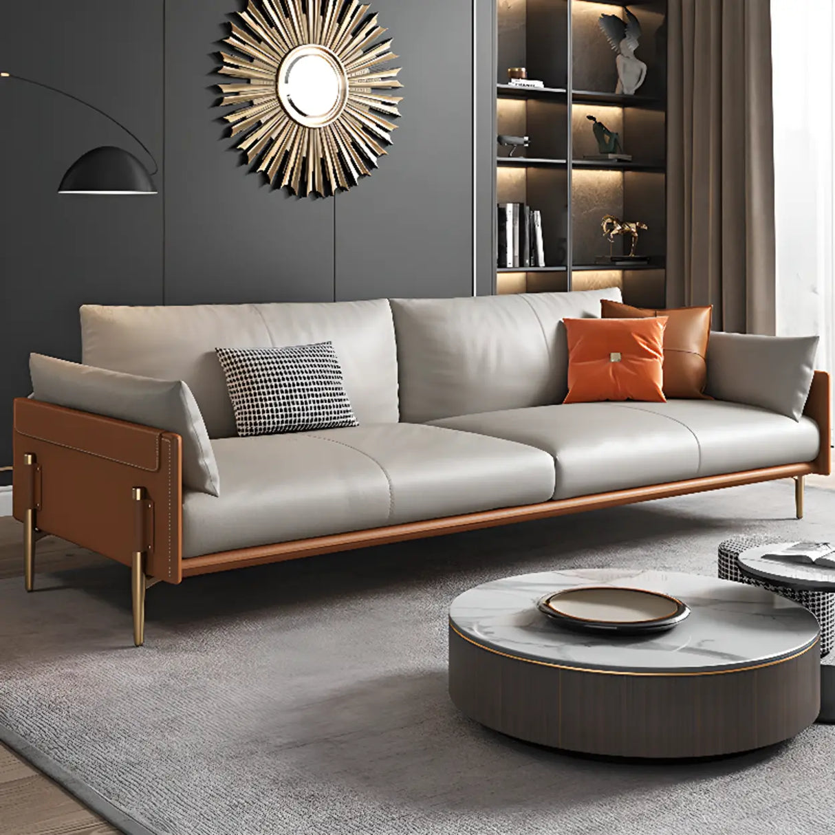 Glam Grey Faux Leather Square Arm Pillow Back Sofa Image - 4