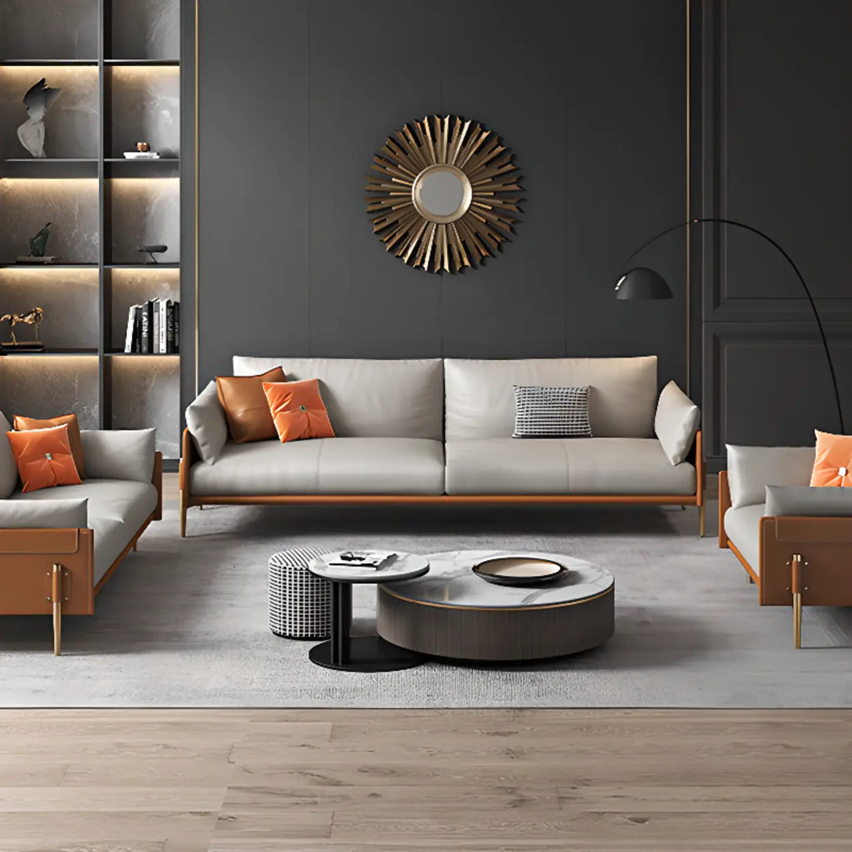 Glam Grey Faux Leather Square Arm Pillow Back Sofa Image - 6