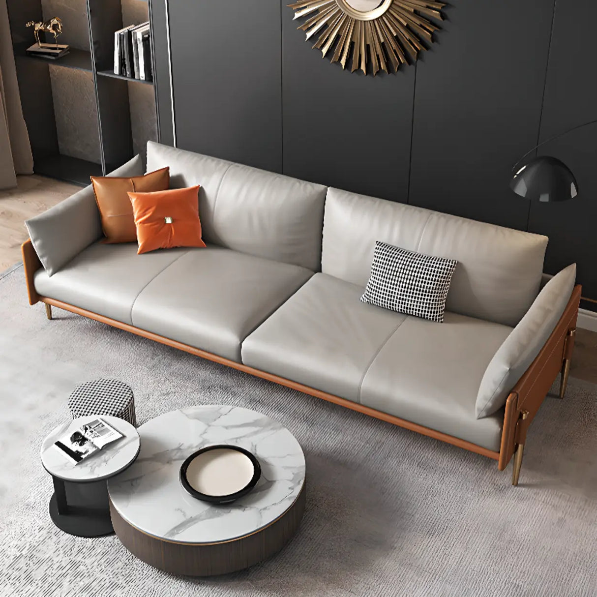 Glam Grey Faux Leather Square Arm Pillow Back Sofa Image - 8