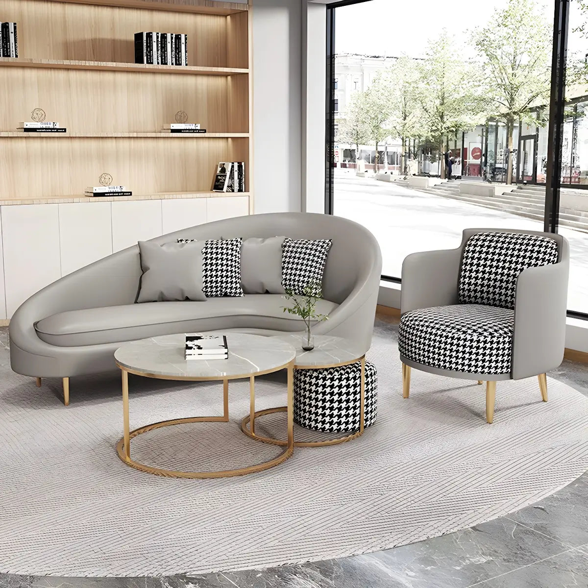 Glam Grey Leather Foam Fill Metal Frame Curved Sofa Image - 4