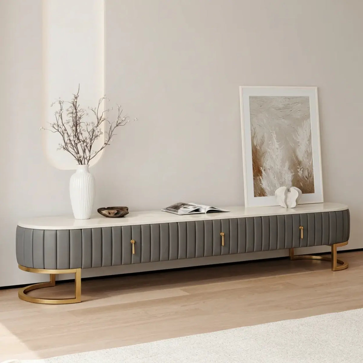 Glam Grey Marble Drawers Storage TV Stand with Legs Image - 1