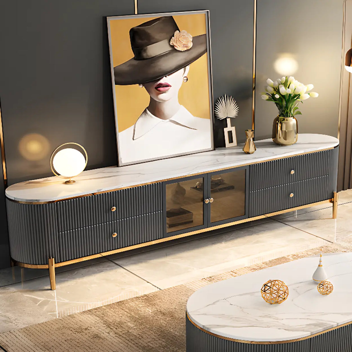 Glam Grey Stone Cabinet Shelves Drawers TV Stand Image - 1