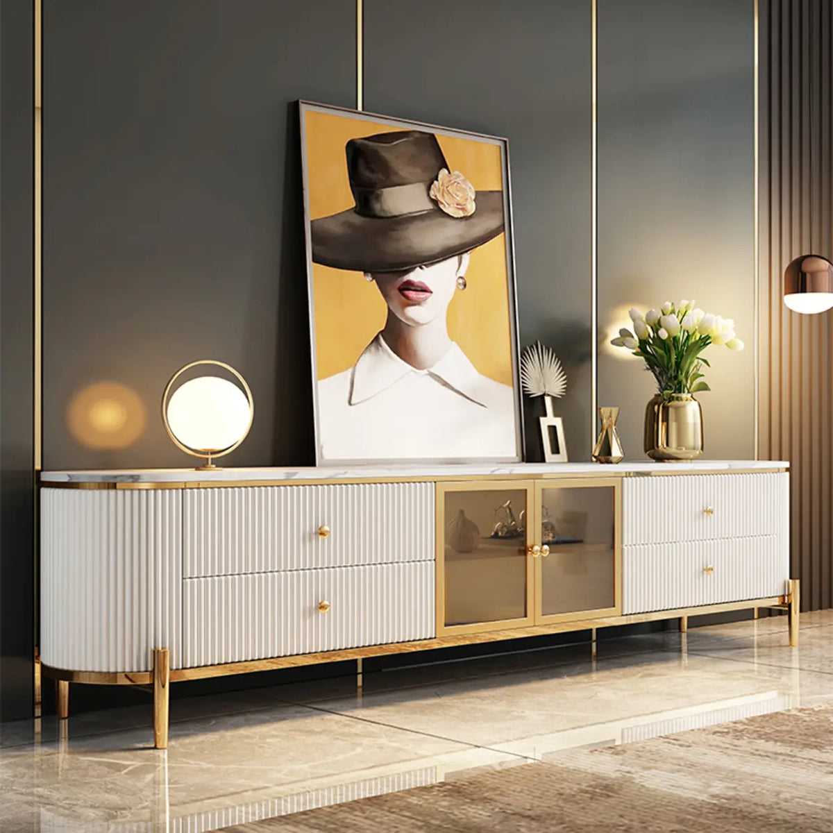 Glam Grey Stone Cabinet Shelves Drawers TV Stand Image - 1