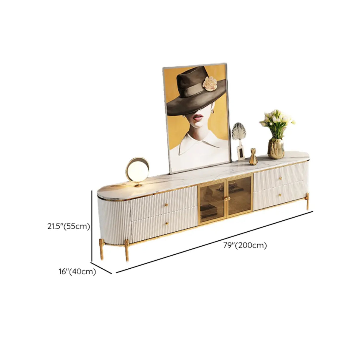 Glam Grey Stone Cabinet Shelves Drawers TV Stand Image - 10