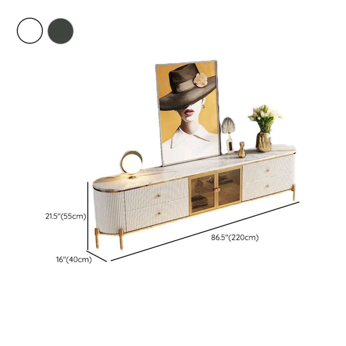 Glam Grey Stone Cabinet Shelves Drawers TV Stand Image - 11