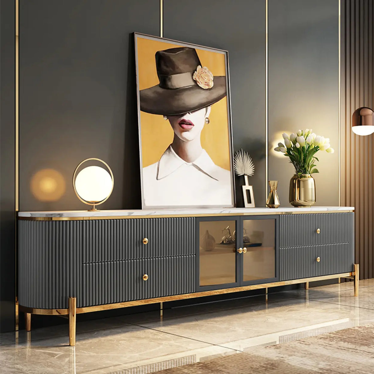 Glam Grey Stone Cabinet Shelves Drawers TV Stand Image - 2