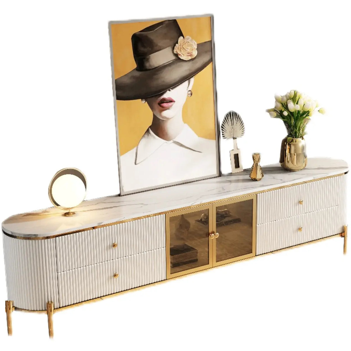Glam Grey Stone Cabinet Shelves Drawers TV Stand Image - 2