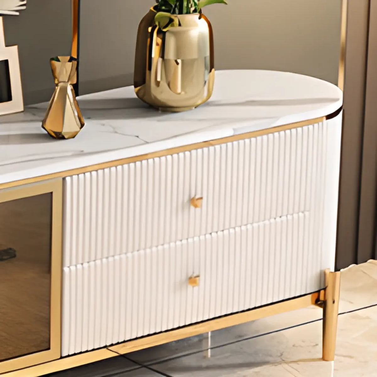 Glam Grey Stone Cabinet Shelves Drawers TV Stand Image - 4