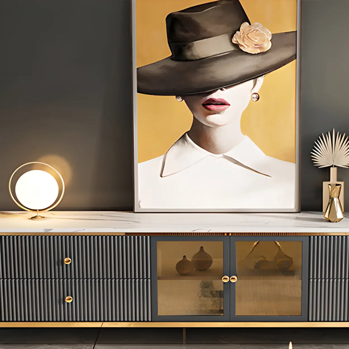 Glam Grey Stone Cabinet Shelves Drawers TV Stand Image - 7