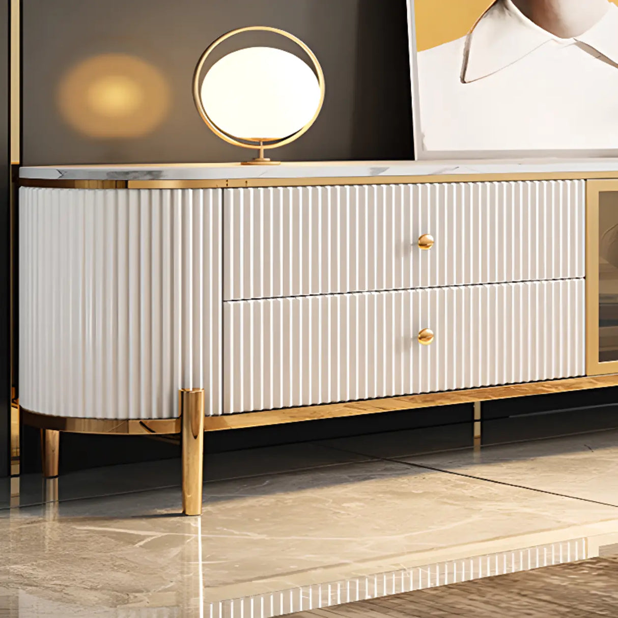 Glam Grey Stone Cabinet Shelves Drawers TV Stand Image - 8