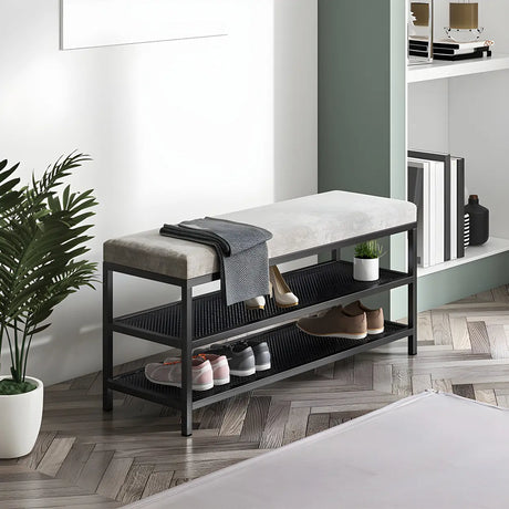 Glam Grey Upholstered Metal Shoe Storage Entryway Bench Image - 1