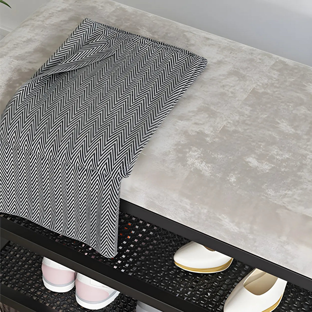 Glam Grey Upholstered Metal Shoe Storage Entryway Bench Image - 10