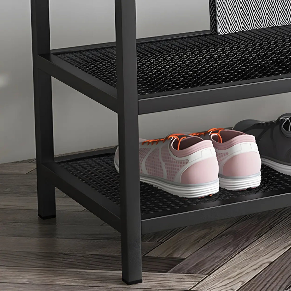 Glam Grey Upholstered Metal Shoe Storage Entryway Bench Image - 11