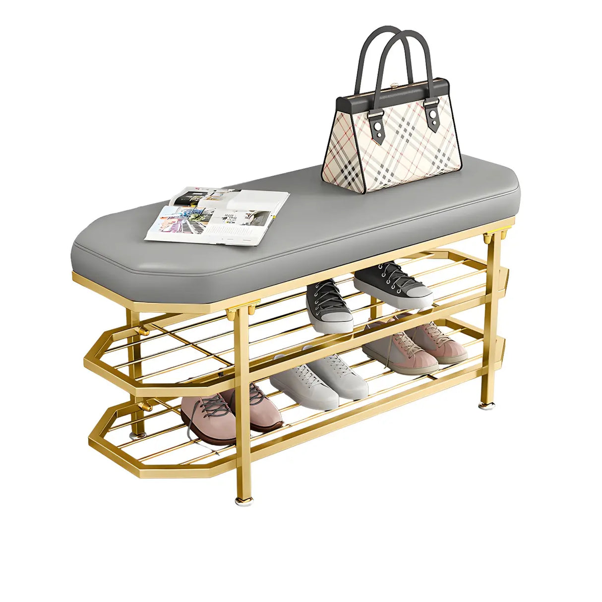 Glam Grey Upholstered Metal Shoe Storage Entryway Bench Image - 13