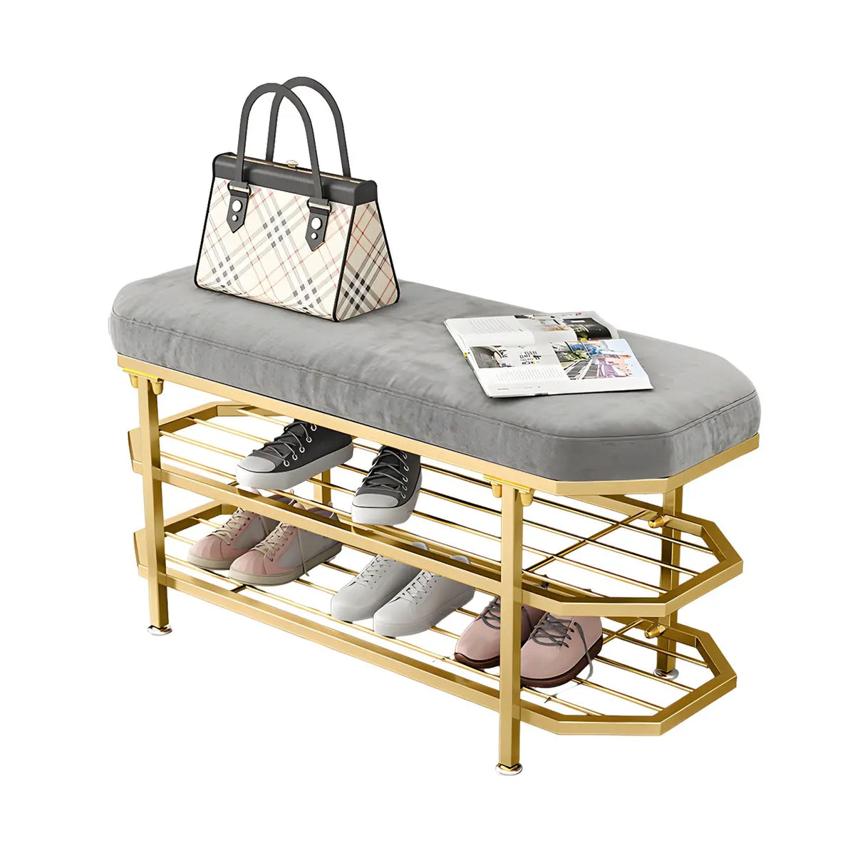 Glam Grey Upholstered Metal Shoe Storage Entryway Bench Image - 14