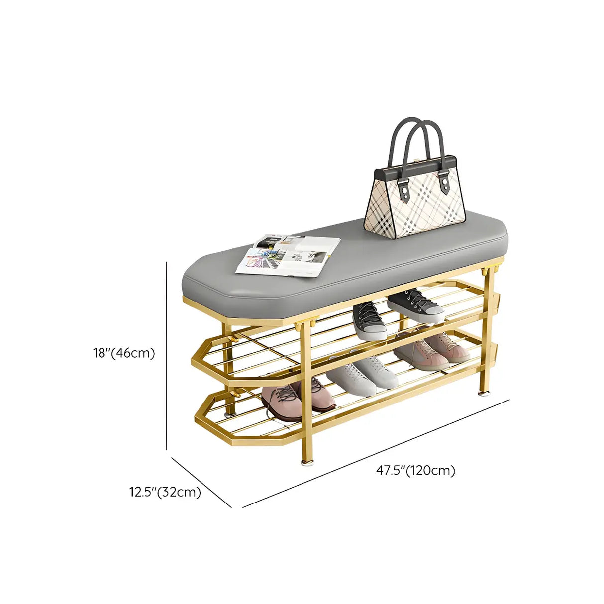 Glam Grey Upholstered Metal Shoe Storage Entryway Bench Image - 25