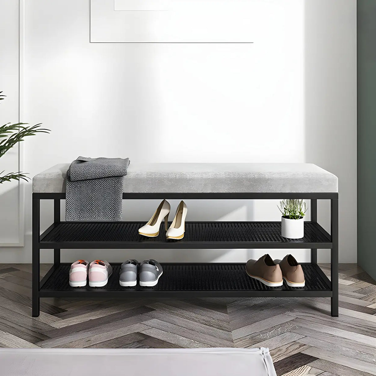 Glam Grey Upholstered Metal Shoe Storage Entryway Bench Image - 3