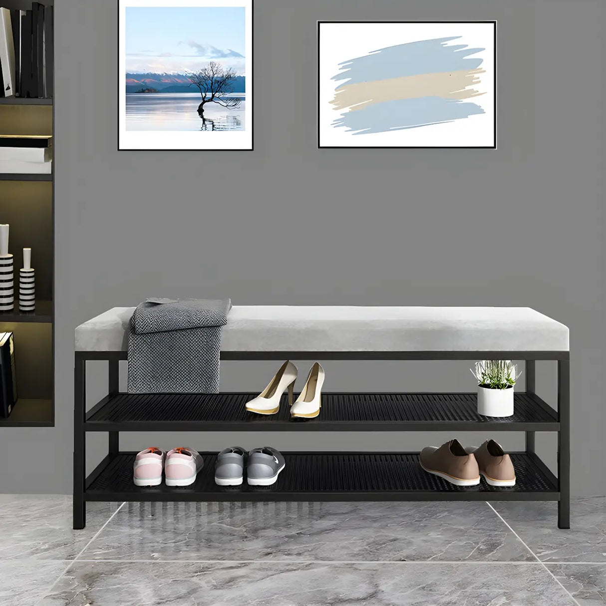 Glam Grey Upholstered Metal Shoe Storage Entryway Bench Image - 4