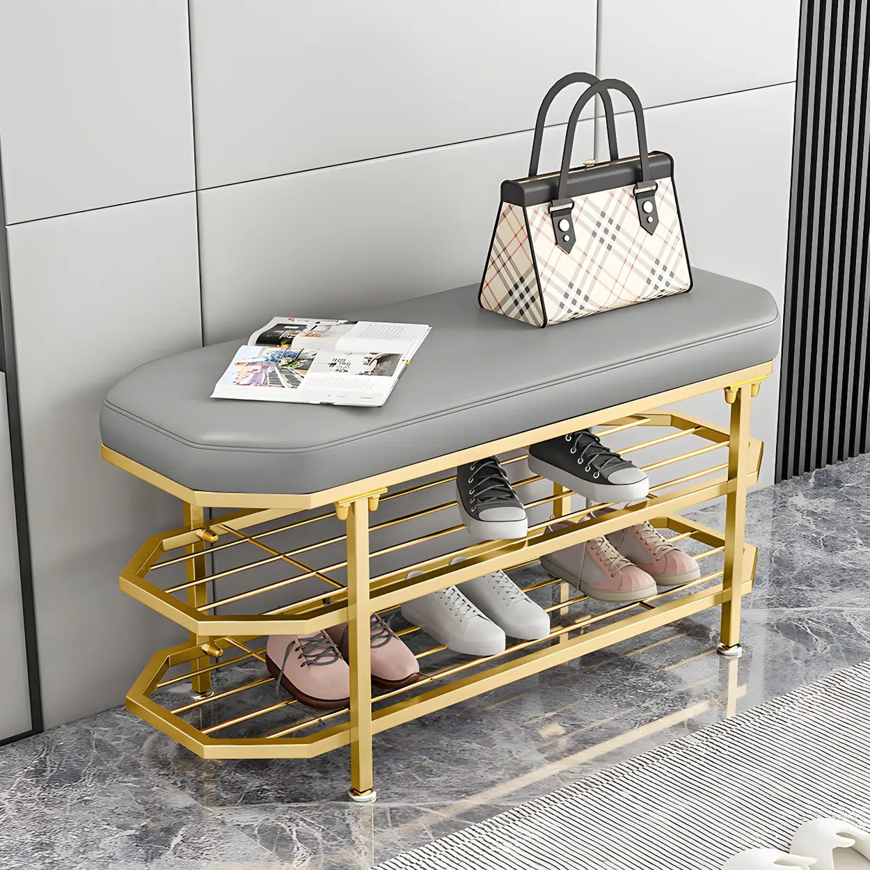 Glam Grey Upholstered Metal Shoe Storage Entryway Bench Image - 5