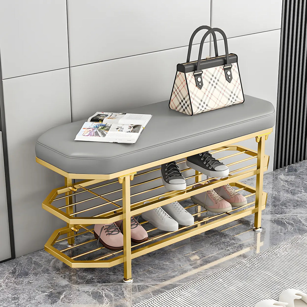 Glam Grey Upholstered Metal Shoe Storage Entryway Bench Image - 5