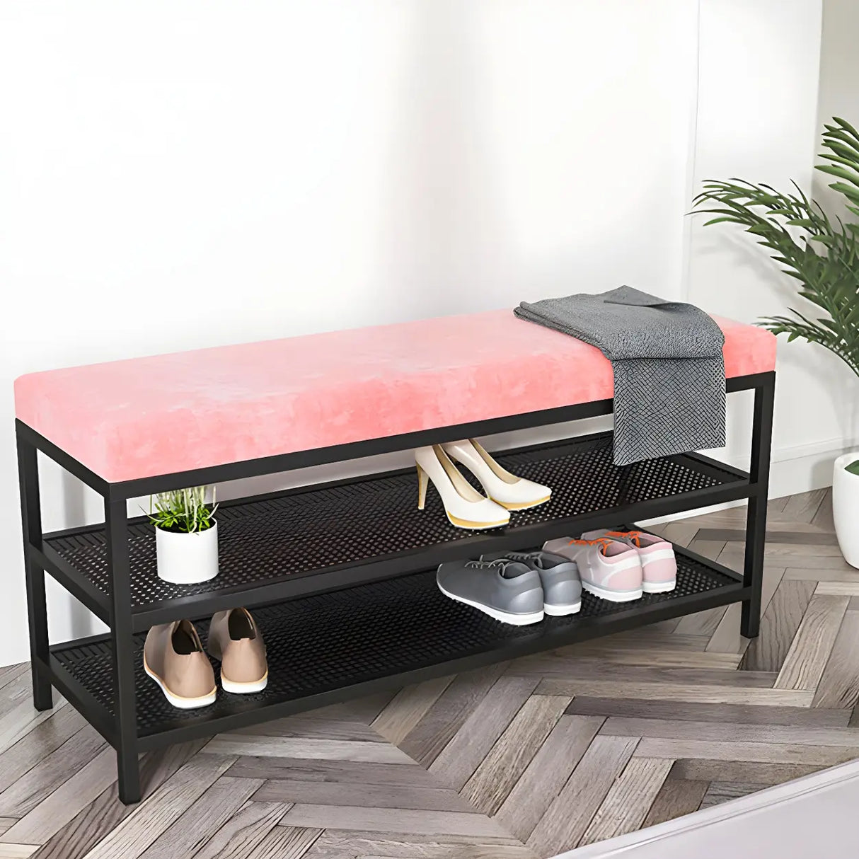 Glam Grey Upholstered Metal Shoe Storage Entryway Bench Image - 6