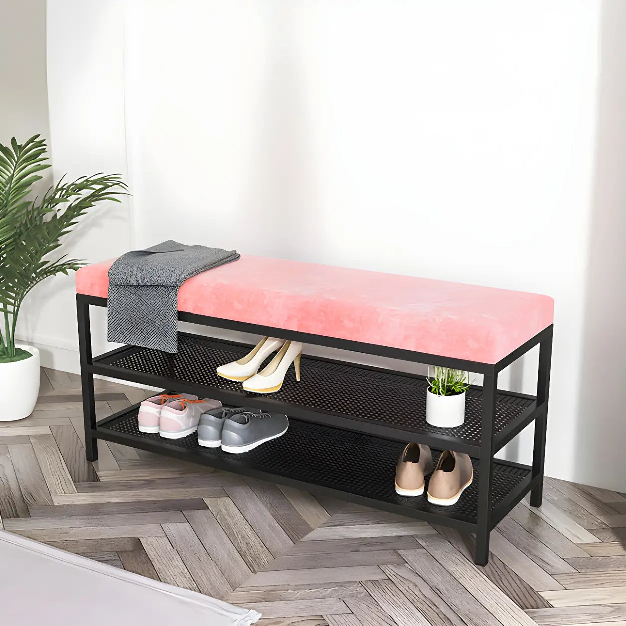Glam Grey Upholstered Metal Shoe Storage Entryway Bench Image - 7