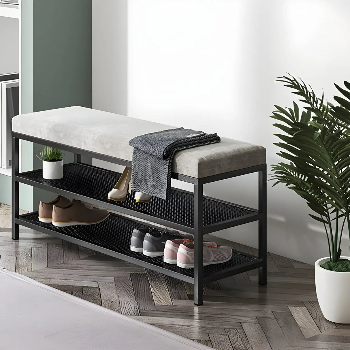 Glam Grey Upholstered Metal Shoe Storage Entryway Bench Image - 8