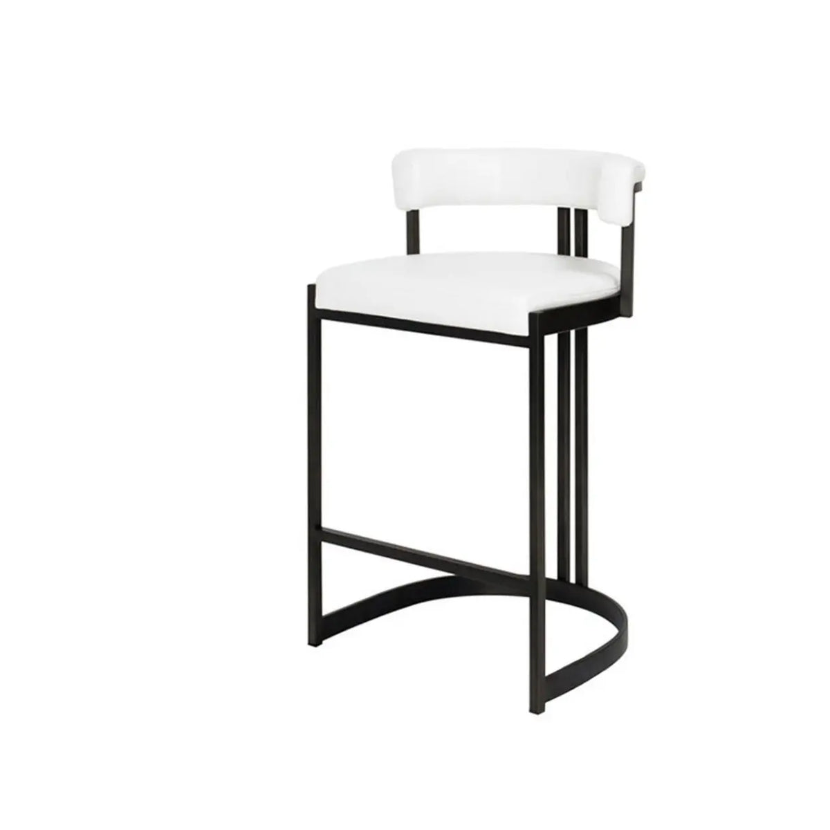 White leather bar stool with curved low back, black metal sled base and integrated footrest