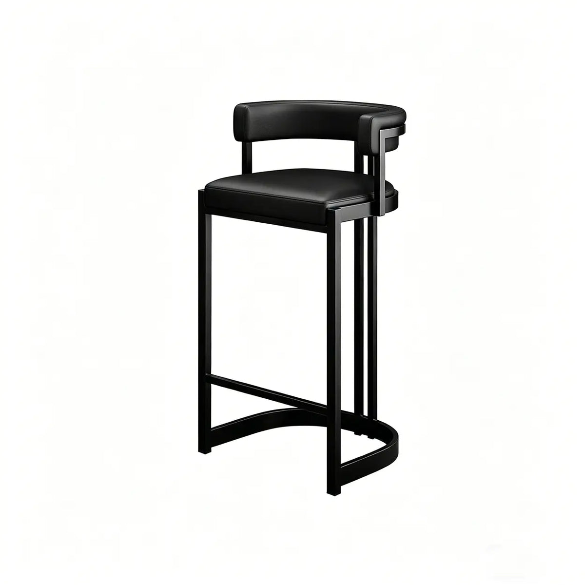 Black leather bar stool with curved low back, black metal sled base and integrated footrest