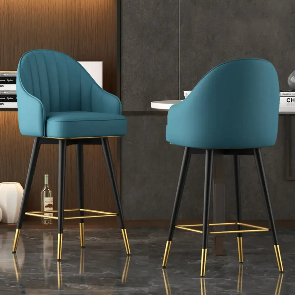 Glam Blue Leather Bucket Low Back Arm Counter Height Bar Stool Image - 1