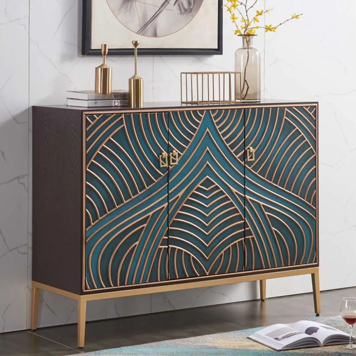Glam Metal Legs Storage Wood Cabinet Console Table Image - 20