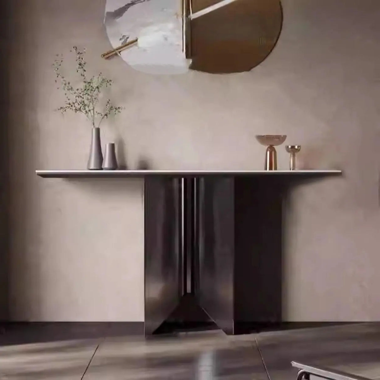 Glam Modern Entryway Rectangle Metal Pedestal Console Table Image - 6