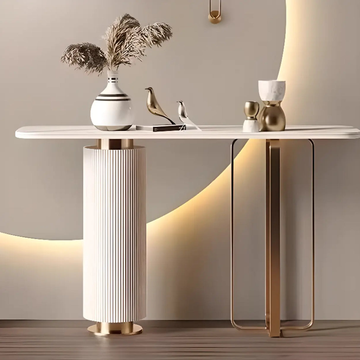 Glam Modern Gold Pedestal Entryway Rectangular Console Table Image - 1