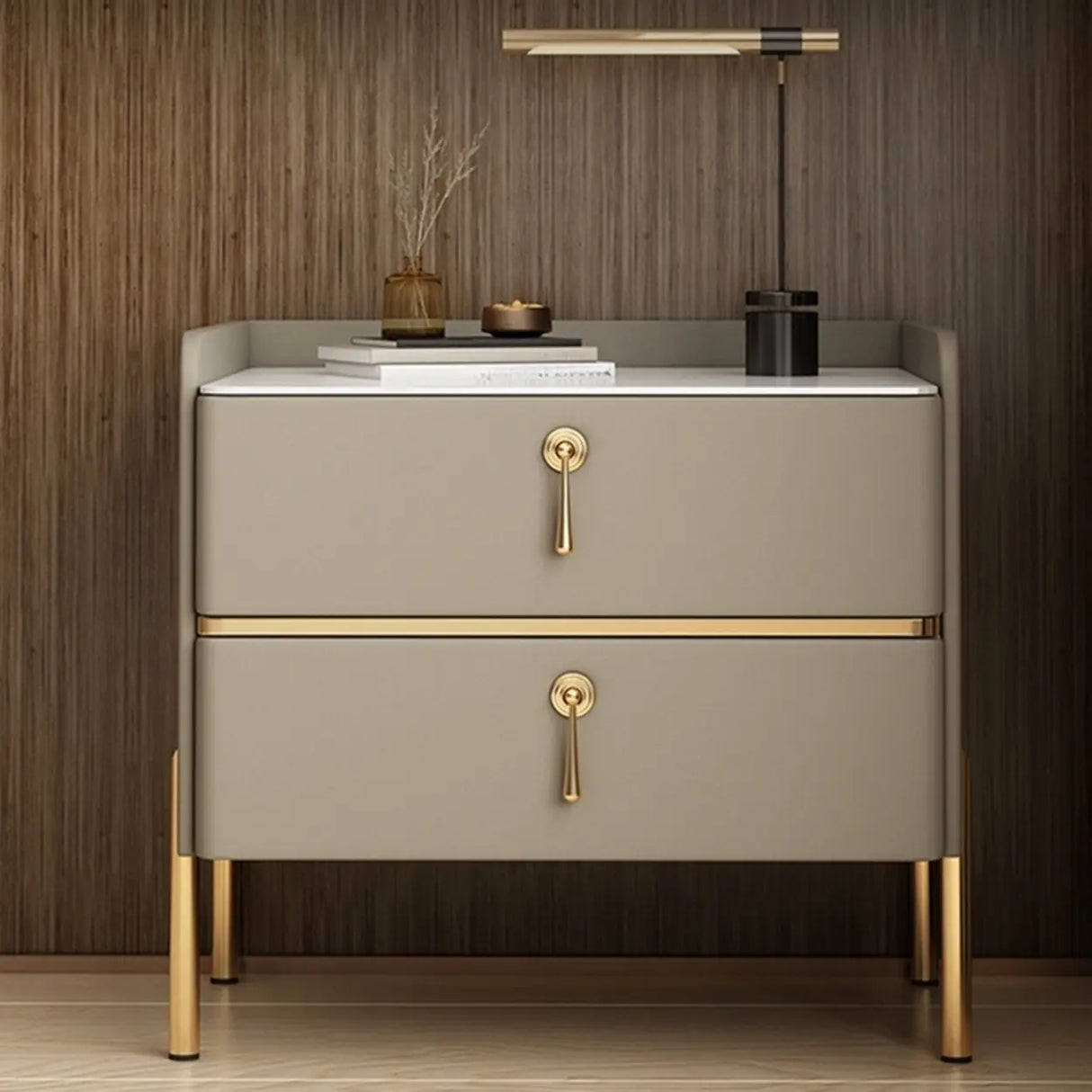 Glam Modern Khaki Nightstand with Gold Legs and Drawers Image - 1
