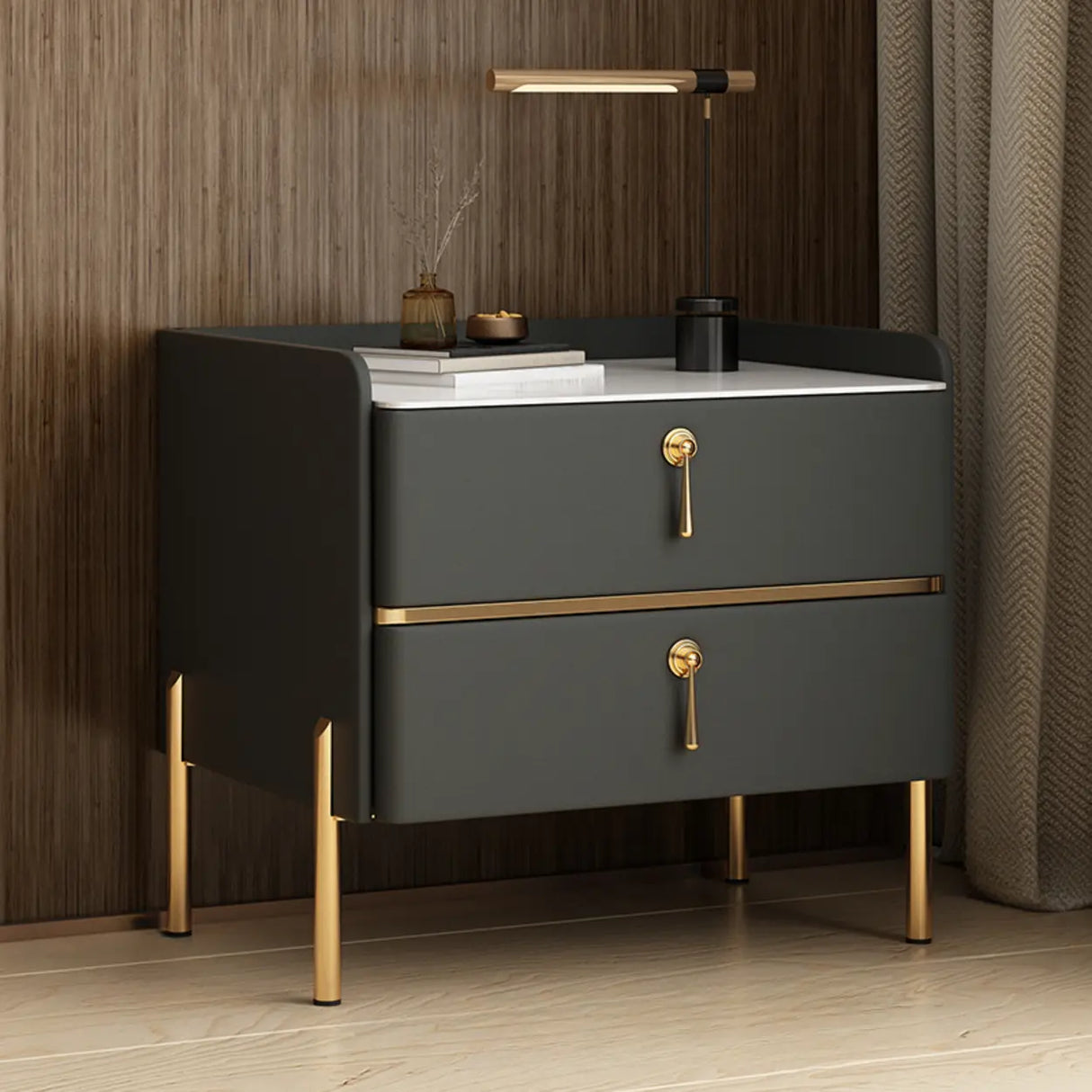 Glam Modern Khaki Nightstand with Gold Legs and Drawers Image - 11
