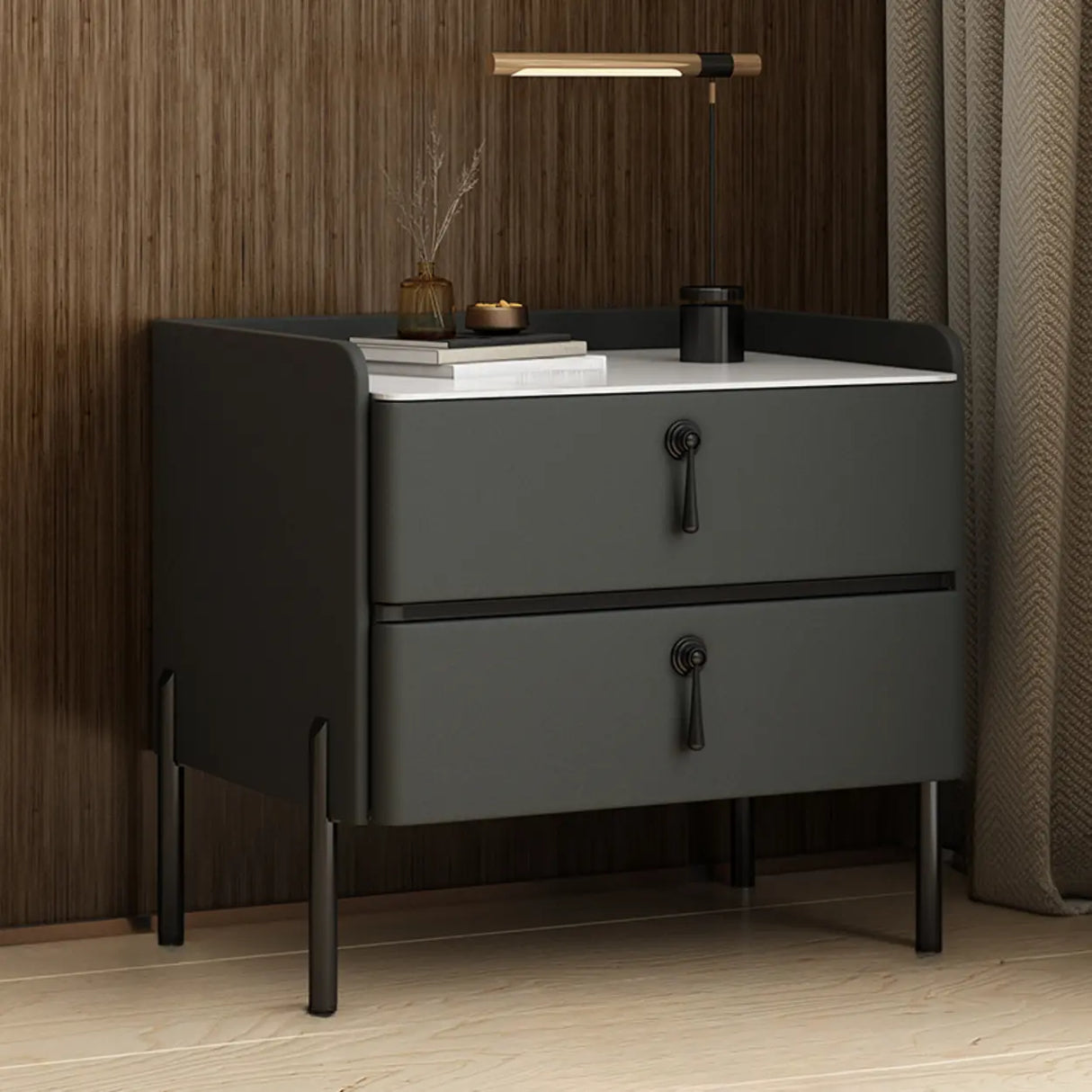 Glam Modern Khaki Nightstand with Gold Legs and Drawers Image - 12