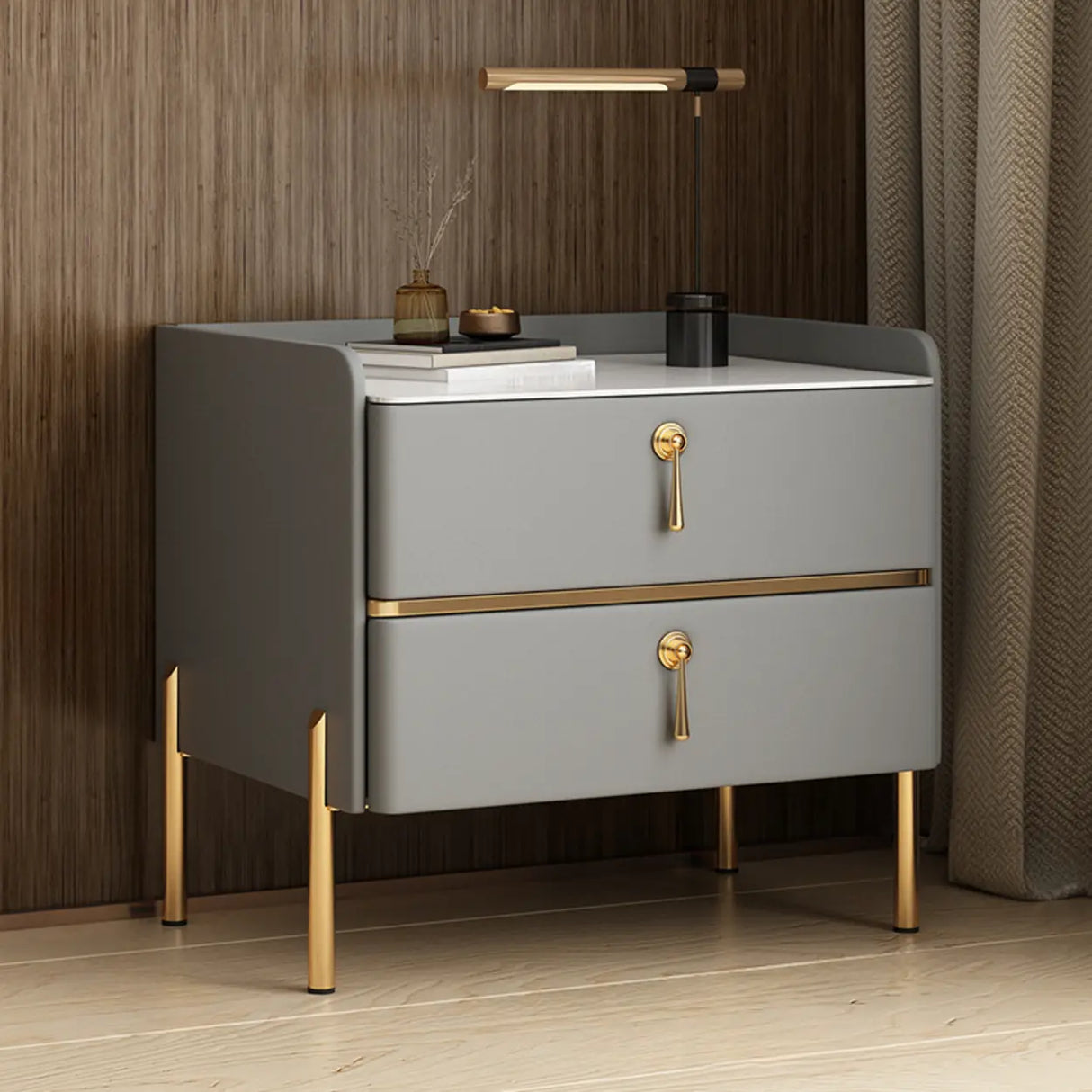 Glam Modern Khaki Nightstand with Gold Legs and Drawers Image - 13