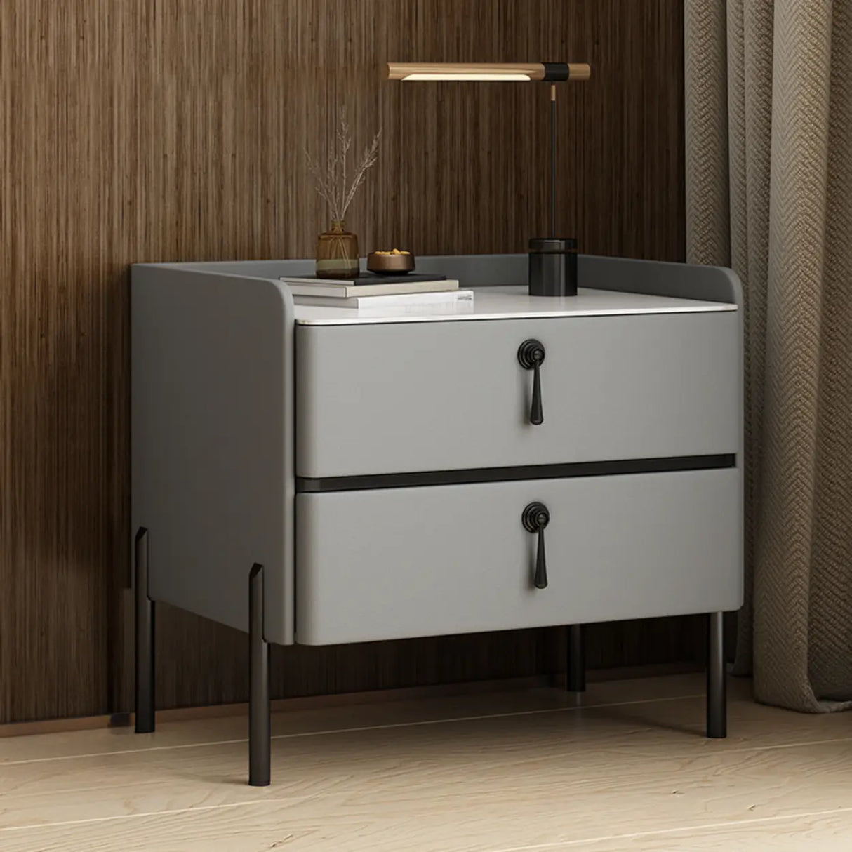 Glam Modern Khaki Nightstand with Gold Legs and Drawers Image - 14