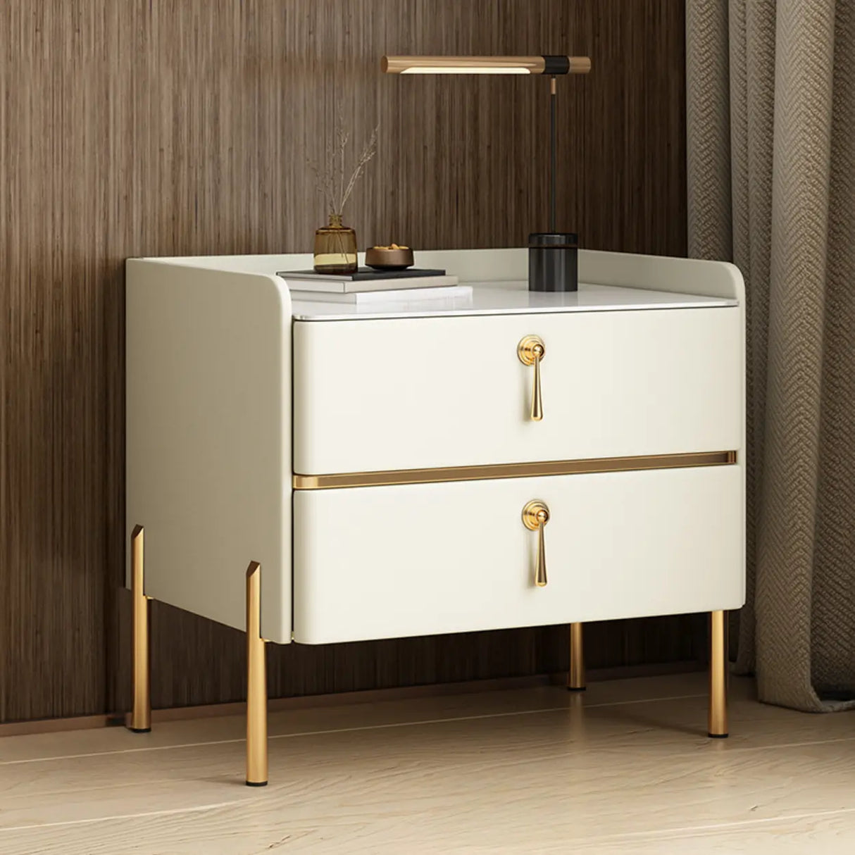 Glam Modern Khaki Nightstand with Gold Legs and Drawers Image - 15
