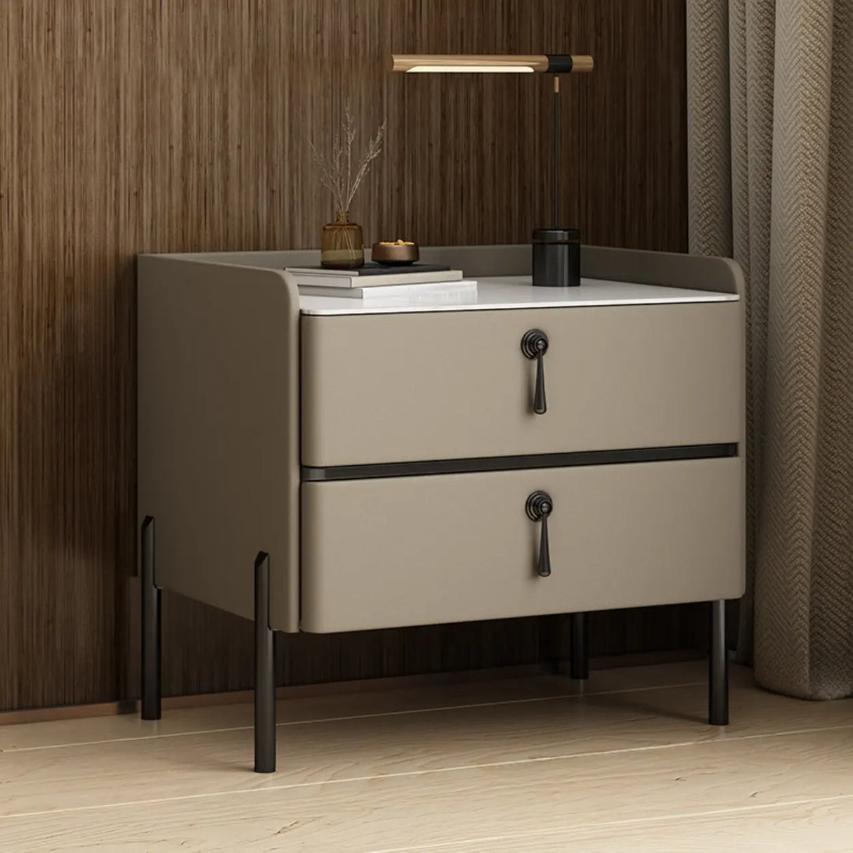 Glam Modern Khaki Nightstand with Gold Legs and Drawers Image - 2