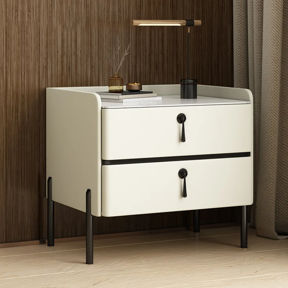 Glam Modern Khaki Nightstand with Gold Legs and Drawers Image - 3