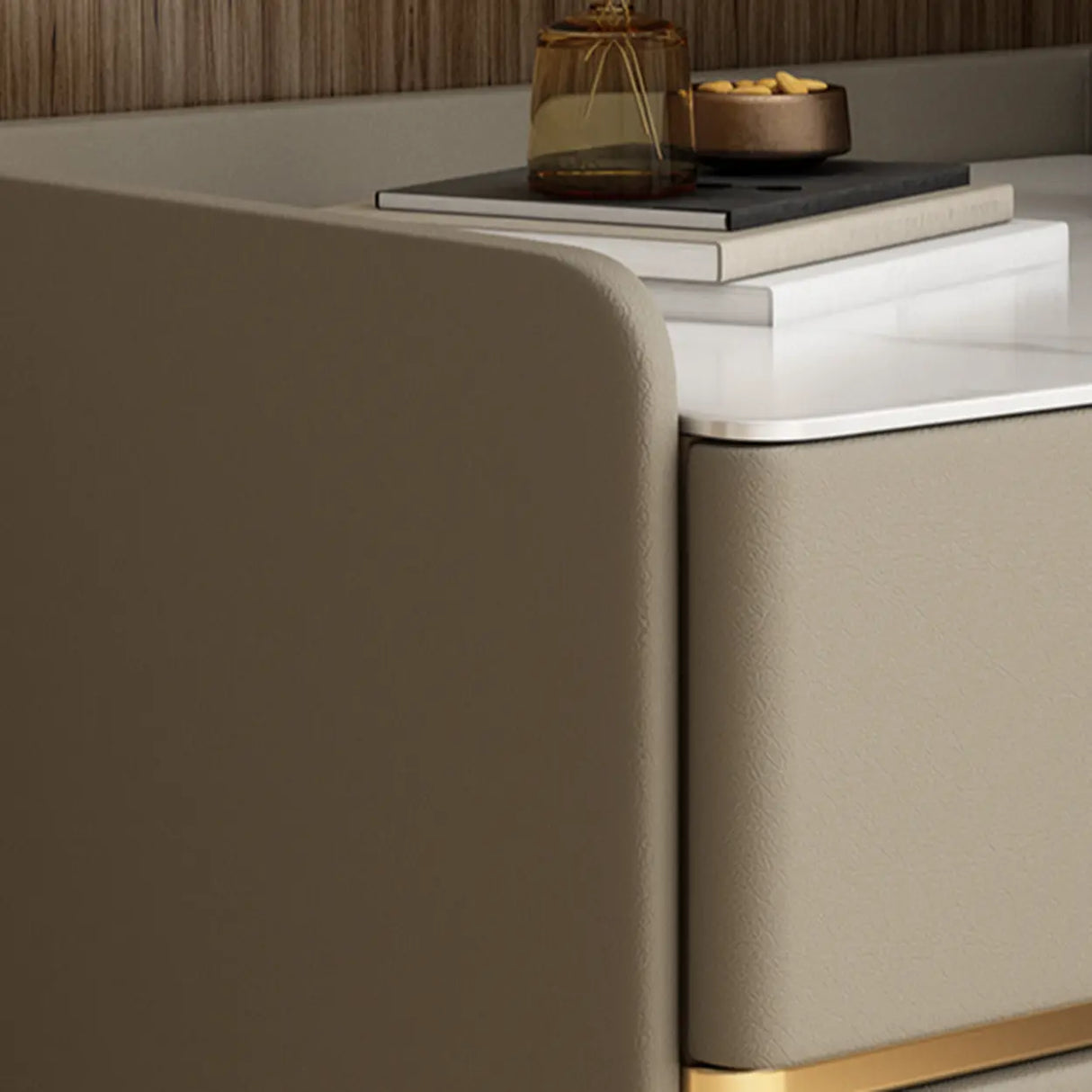 Glam Modern Khaki Nightstand with Gold Legs and Drawers Image - 4