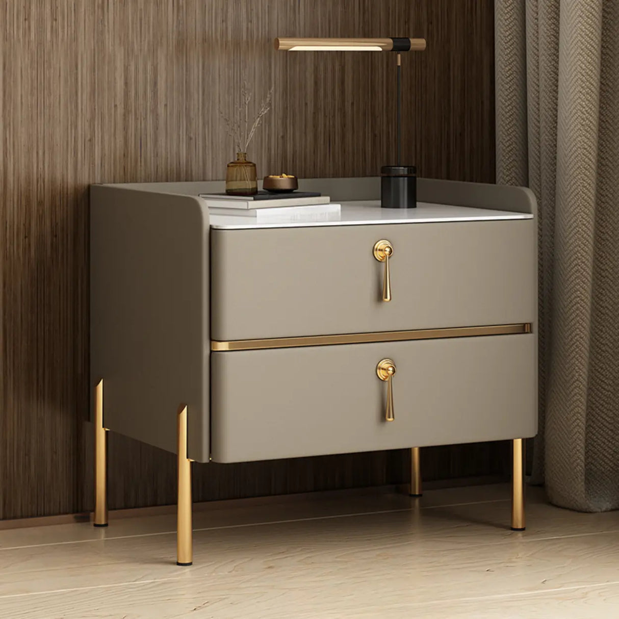 Glam Modern Khaki Nightstand with Gold Legs and Drawers Image - 5
