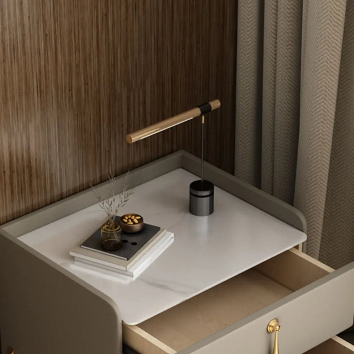 Glam Modern Khaki Nightstand with Gold Legs and Drawers Image - 6