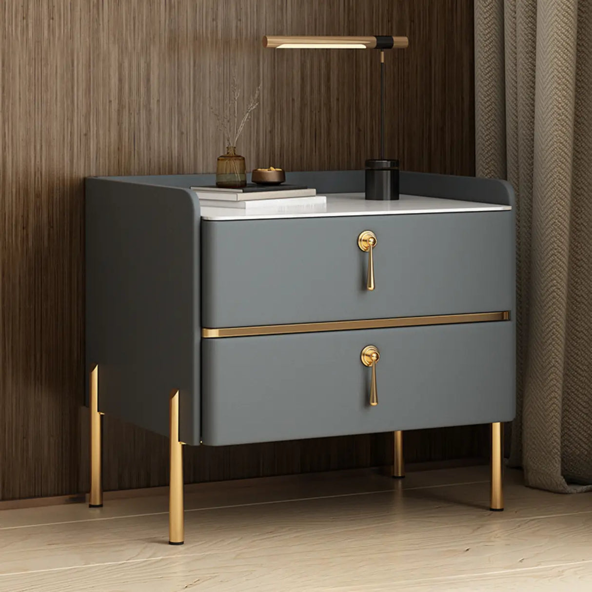 Glam Modern Khaki Nightstand with Gold Legs and Drawers Image - 7